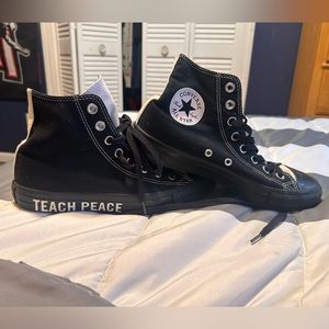 Women 8.5 | Men 6.5 Teach Peace Black and White high tops